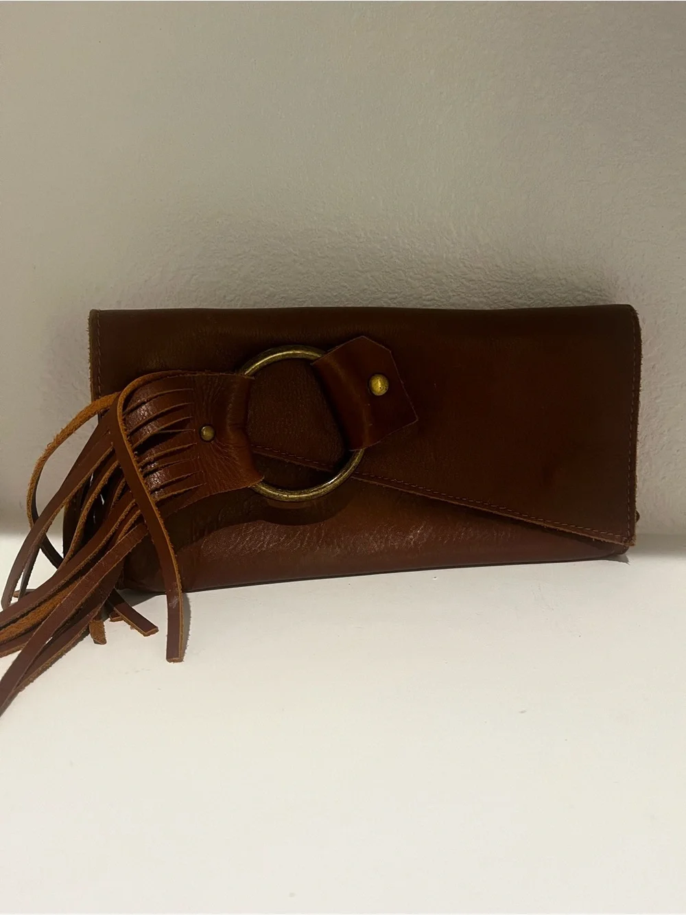 Lisa Leonard Brown Genuine Leather Tassel Clutch Wallet Organizer Boho